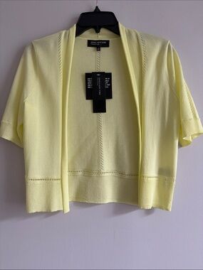 Jones New York Pale Yellow Open-Front Short Sleeve Cardigan
